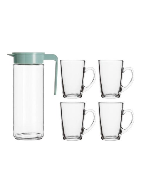 5-Piece Glass Juice Set - RF11028 Transparent Thick Glass 1.0 L Water Jug with 4 200 ML Glasses| Unbreakable Water Jug with Lid for Juices, Squashes, Milk| Food Grade, BPA-Free, Break-Resistant Transparent With  Light Blue Cover/ Handle 1Liters