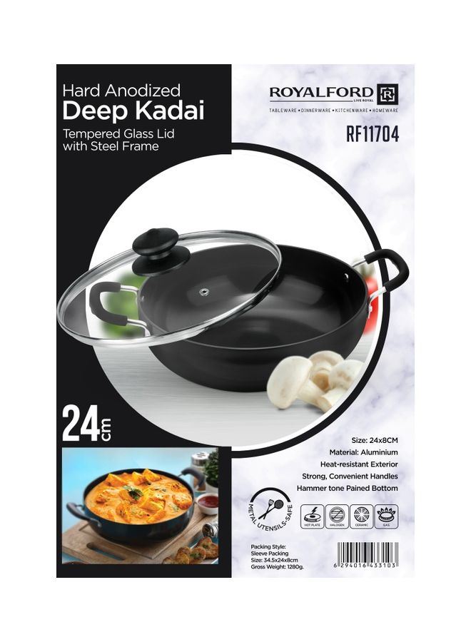 Royalford - Hard Anodized Deep Kadai- RF11704| Perfect for Sauting, Frying, Stir Frying, Etc| Equipped With A Tempered Glass Lid, Sturdy Handles, Kitchen Use, Versatile And Strong Aluminum Construction Black 24cm - Image 1