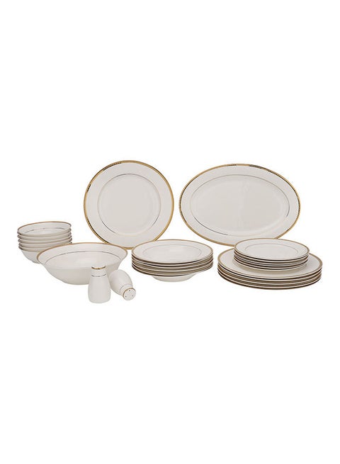 28-Piece Premlum Bone China Dinner Set With 1X36Cm Oval Plate, 6X27Cm Dinner Plates, 1X23Cm Salad Bowl, 6X22Cm Soup Plates, 6X19Cm Flat Plates, 6X15Cm Bowls, 2Xsalt & Pepper Pots, Serves 6 For Everyday Use, White Brown