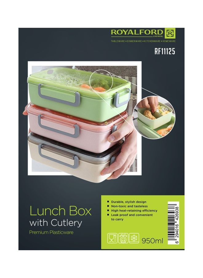 Royalford - 950ML Lunch Box with Cutlery- Plasticware- RF11125 | Rectangular Box with Transparent Lid and Compartments| Plastic Tiffin for Kids and Adults for Schools and Offices| Sturdy Locks, Leak-Proof Multicolour 950ml - Image 1