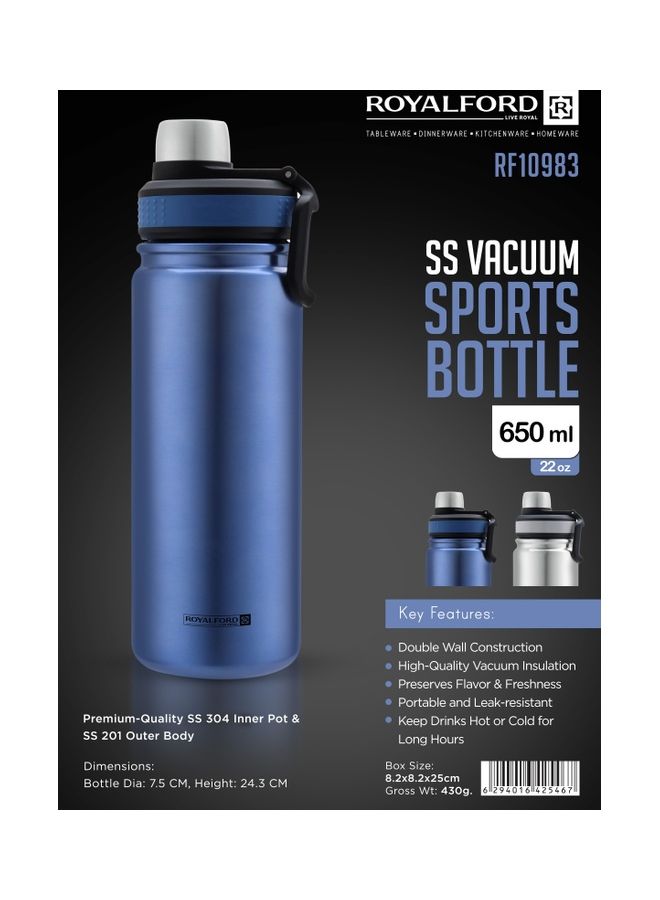 Royalford - SS Vacuum Sports Bottle, 650ml Water Bottle, RF10983 | Double Wall Vacuum Insulation | Keep Drinks Hot Or Cold For Hours | Silicon Handle | Leak-Proof Lid Multicolour - Image 1