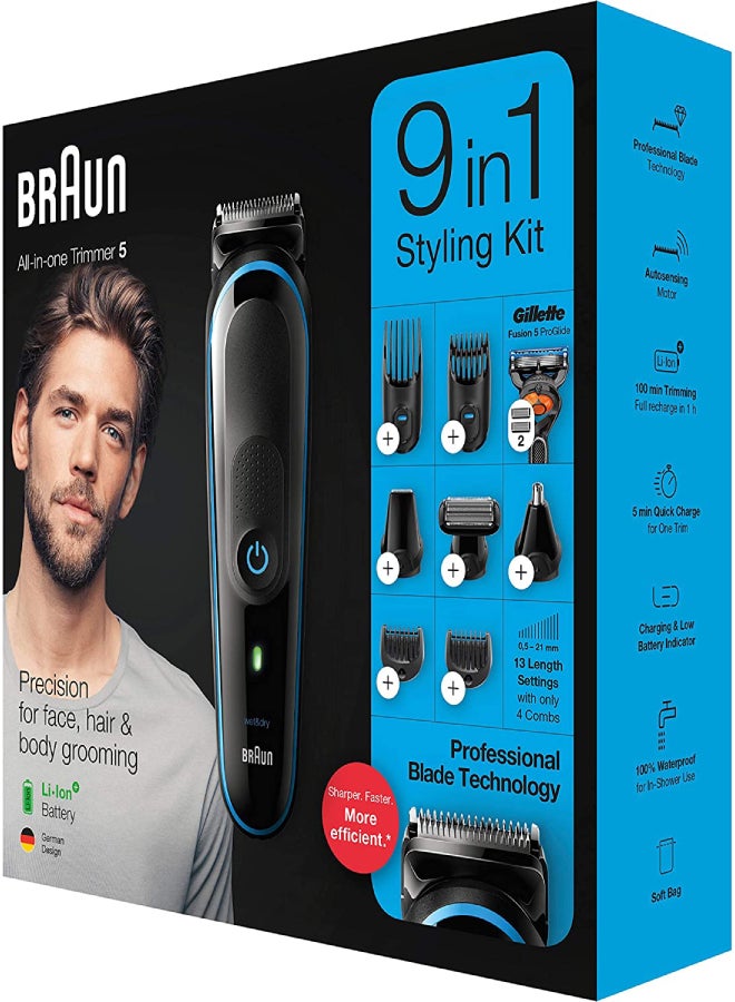BRAUN - Braun 9 In 1 All-In-One Trimmer 5 Mgk5280 Beard Trimmer For Men, Hair Clipper And Body Groomer With Autosensing Technology And Gillette Proglide Razor, Black & Blue Black - Blue - Image 1