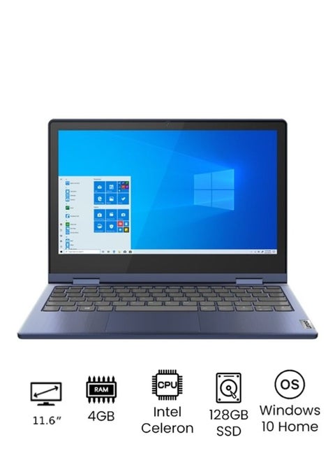 لاب توب ايديا باد فليكس 3 11IGL05 قابل للتحويل 2 في 1 بشاشة لمس مقاس 11.6 بوصة فل اتش دي (1920×1080) ومعالج سيليرون N4020 وذاكرة رام سعة 4 جيجابايت ومحرك أقراص SSD سعة 128 جيجابايت ونظام تشغيل ويندوز الإنجليزية/العربية أزرق
