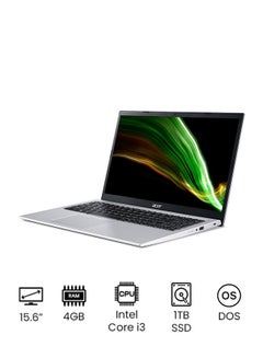 كمبيوتر محمول أسباير 3 A315 بشاشة FHD مقاس 15.6 بوصة ومعالج Core i3 وذاكرة وصول عشوائي سعة 4 جيجابايت ومحرك أقراص صلبة سعة 1 تيرابايت وDOS (بدون نظام التشغيل Windows) وبطاقة NVIDIA GeForce MX350 سعة 2 جيجابايت والإنجليزية/العربية فضي نقي الإنجليزية/العربية فضي نقي