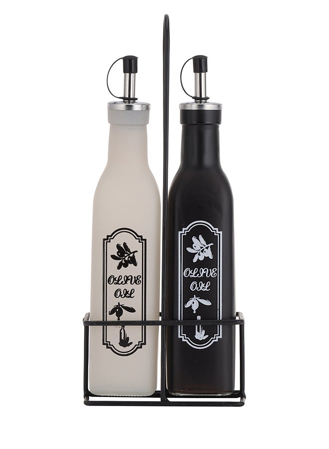 Royalford - Royalford Glass Oil Bottle| RF10674|Set of 2 with Stand| Oil Dispensers with Silicone Lid| Olive Oil Dispensers| Kitchen Oil Bottles| 250ml X2 | Black and White White/Black - Image 1