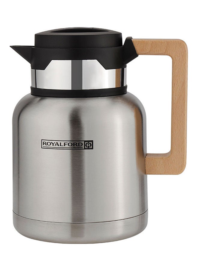 Royalford - Royal Ford Stainless Steel Vacuum Jug with Wooden Handle, 1L, RF10169 | Thermal Insulated Airpot | Keep Drinks Hot & Cold up to Hours | Portable & Leak Proof Thermal Flask Silver/Beige - Image 1