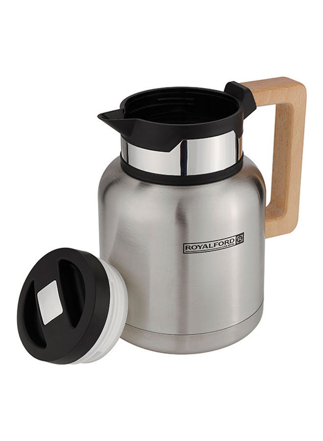 Royalford - Royal Ford Stainless Steel Vacuum Jug with Wooden Handle, 1L, RF10169 | Thermal Insulated Airpot | Keep Drinks Hot & Cold up to Hours | Portable & Leak Proof Thermal Flask Silver/Beige - Image 1
