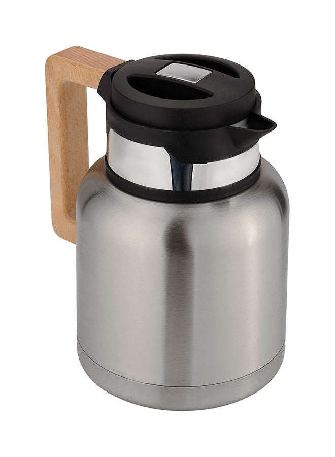 Royalford - Royal Ford Stainless Steel Vacuum Jug with Wooden Handle, 1L, RF10169 | Thermal Insulated Airpot | Keep Drinks Hot & Cold up to Hours | Portable & Leak Proof Thermal Flask Silver/Beige - Image 1