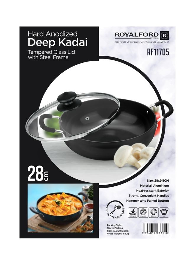 Royalford Hard Anodized Deep Kadai Tempered Glass Lid With Steel Frame 28X9.5Cm Aluminium Metal Utensils Safe  Multicolor Made In India Black 28X9.5Cmcm  - Image 2