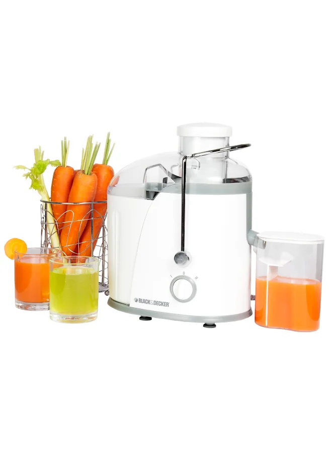 BLACK+DECKER High-Speed Juice Extractor, 65mm XL Feed Chute, 1.3L Pulp Container, 350ml Juice Cup, BPA Free, Stainless Steel Filter, Easy Fruit and Vegetable Juicing, 1.3 L 400 W JE400-B5 White