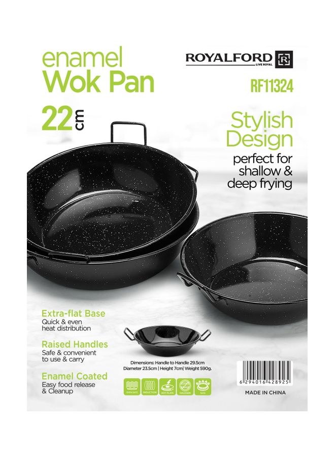 Royalford - Wok Pan With Enamel Coating Stylish Design With Extra Flat Base And Raised Handles Easy Food Release And Cleanup Black 22cm - Image 1