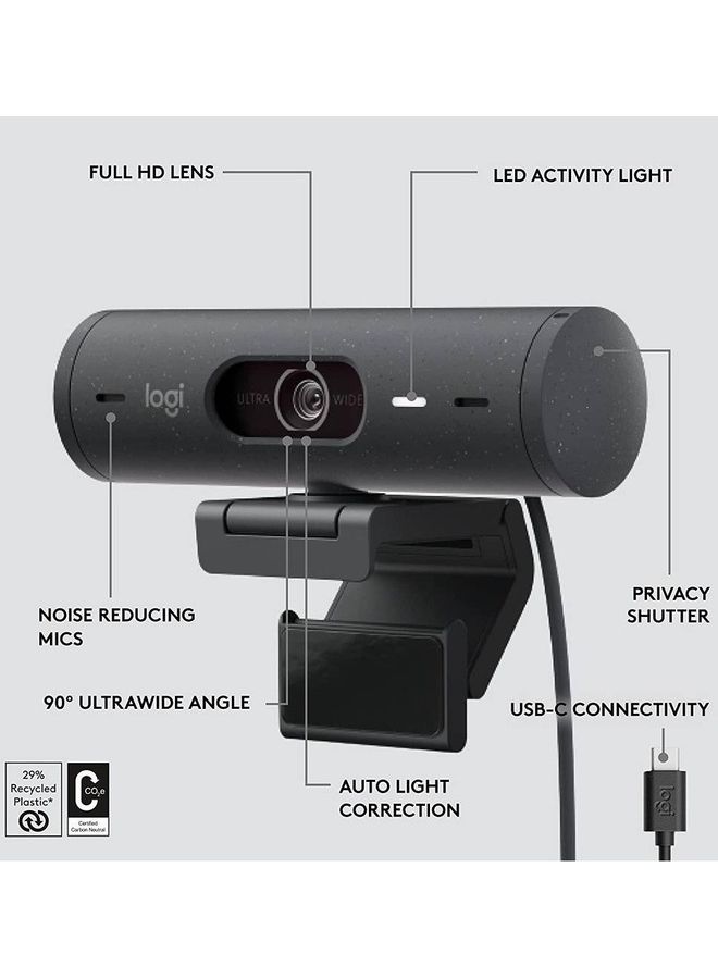 Logitech Brio 500 Full HD Webcam with Auto Light Correction, Show Mode, Dual Noise Reduction Mics, Privacy Cover, Works Microsoft Teams, Google Meet, Zoom, USB-C Cable Black  - Image 5