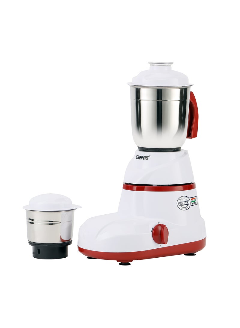 GEEPAS - 2-In-1 Juicer And Mixer Grinder, Powerful Motor, Harmonic Grinding Technology , Stainless Steels Jars, Swirl Control, Dry & Wet Grinding Blades, 3 Speed Control, Overload Protection, Non Slip Feet. 1.5 L 550.0 W GSB5456N White/Red - Image 1