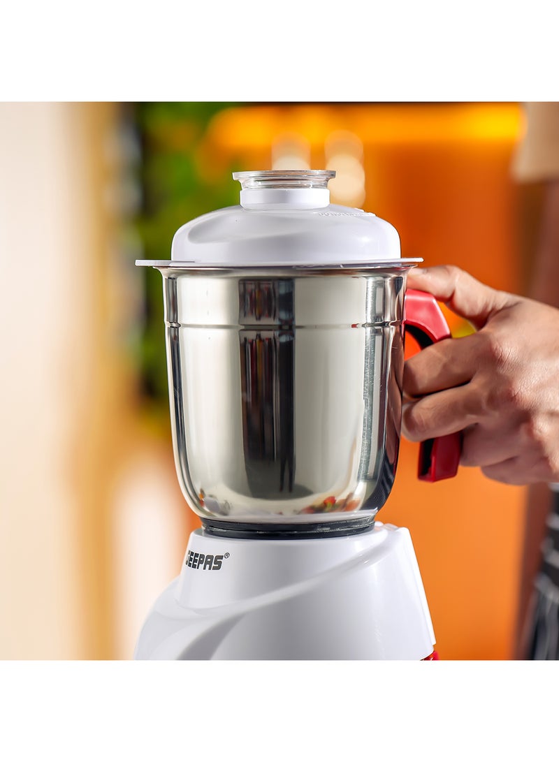 GEEPAS - 2-In-1 Juicer And Mixer Grinder, Powerful Motor, Harmonic Grinding Technology , Stainless Steels Jars, Swirl Control, Dry & Wet Grinding Blades, 3 Speed Control, Overload Protection, Non Slip Feet. 1.5 L 550.0 W GSB5456N White/Red - Image 1