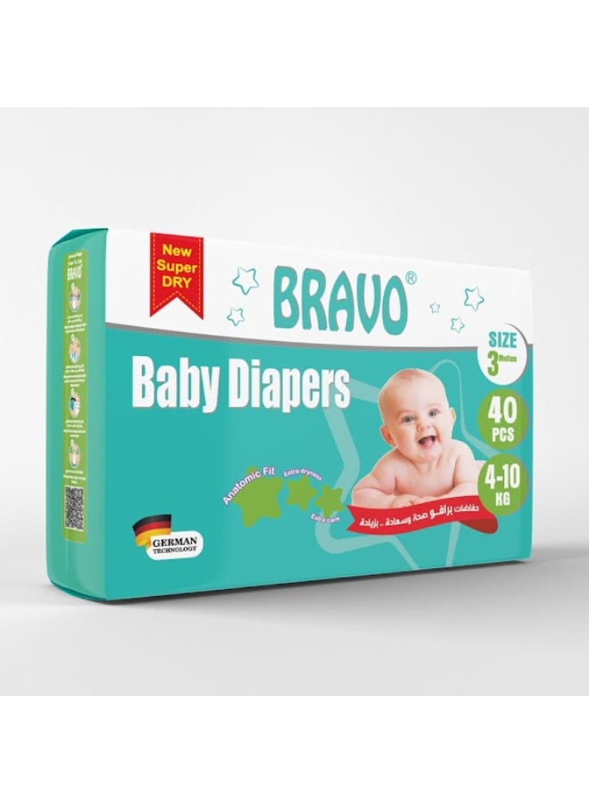Bravo 40 Piece -Baby Diapers, Size 3 - Medium, 4-10kg 