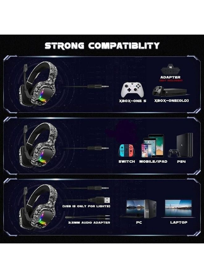 onikuma - K20 Camoflage Gaming Headset with Surround Sound Headphones with Mic Works For PS4 /PS5 /XOne /XSeries /Nswitch /PC,RGB Lightweight Soft Earmuffs & Volume Control - Image 1