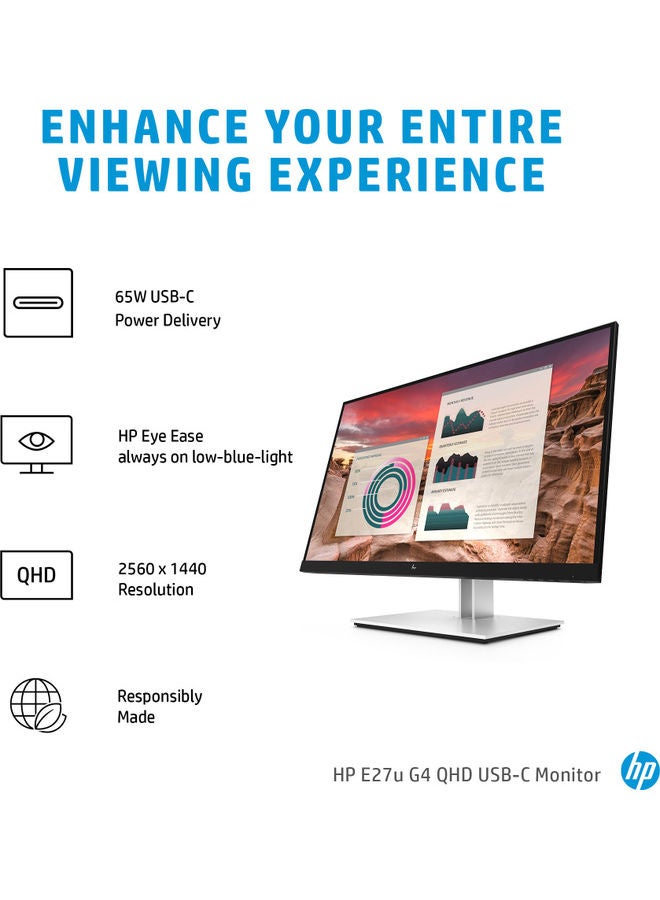 HP - E27u G4 QHD USB C Monitor QHD 2560 x 1440 27 Inch Anti Glare 99 Percent NTSC No Integrated Camera Microphone Speakers IPS Height Adjustable Pivot Rotation Black/Silver - Image 1
