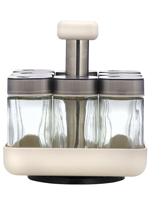 Spice Rack Set, 8 Jars with Revolving Stand, RF10520 | 8-in-1 Masala Rack Set/ Condiment Set/ Spice Container | Store Spices, Salt, Sugar, Coffee Powder, Etc Beige/Brown 14.8x14.8x16cm