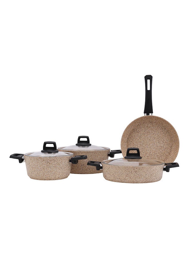 Royalford Gabbro 7pcs Granite Coated Cookware Set, RF10980 | Aluminium Pot and Pan | Casserole, Shallow Pot, Frypan with Bakelite Handles | Tempered Glass Lid Beige 26cm - Image 1