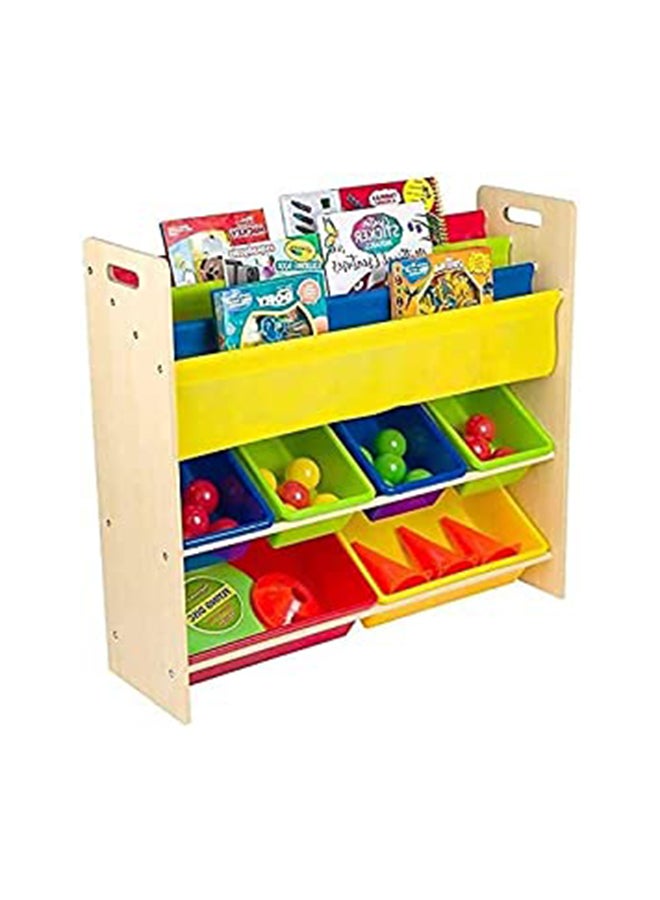 Homesmiths Homesmiths Wood Toy Organizer with Book Rack For Kids Brown Color, 6 Multicolor Bins With 4 Multicolor Sling Pocket | Perfect for Home, Play Schools and Kindergarten D26.5Cm x W86Cm x H78Cm Brown  - Image 3