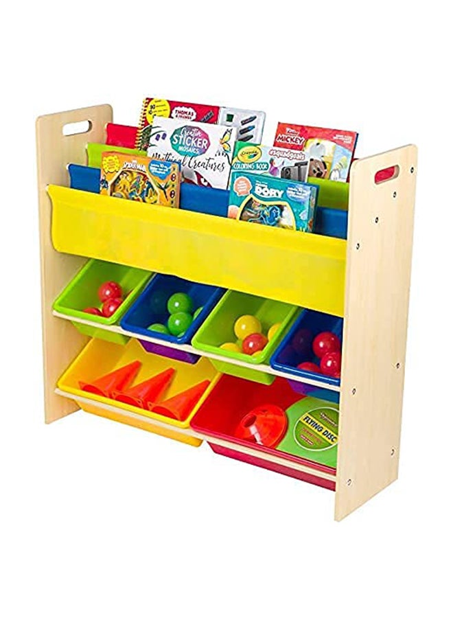 Homesmiths Homesmiths Wood Toy Organizer with Book Rack For Kids Brown Color, 6 Multicolor Bins With 4 Multicolor Sling Pocket | Perfect for Home, Play Schools and Kindergarten D26.5Cm x W86Cm x H78Cm Brown  - Image 4