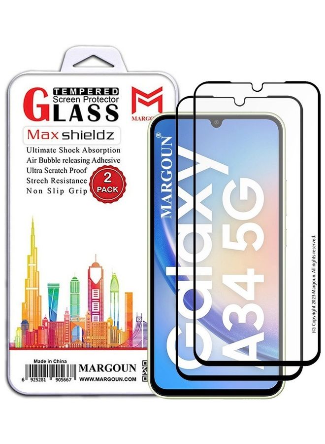 MARGOUN 2 Pack Screen Protector for Samsung Galaxy A34 5G Full Coverage Screen Glass 9H Hardness Anti Fingerprint Scratch CLEAR - Image 1