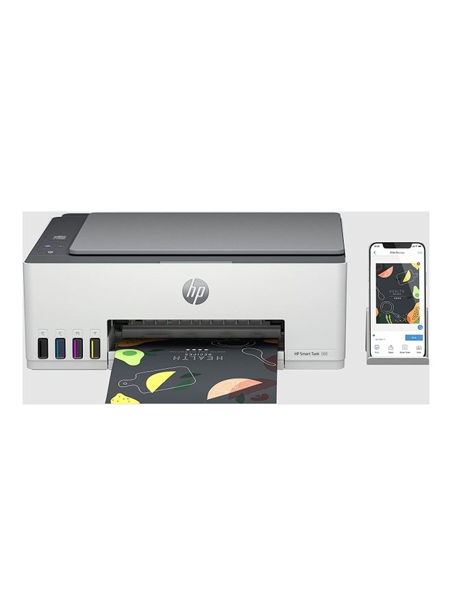إتش بي - طابعة سمارت تانك 580 اللاسلكية الكل في واحد، 33 شريحة + شاشة LCD iCON مقاس 1.2 بوصة، سرعة طباعة 12 صفحة في الدقيقة باللون الأسود و5 صفحات في الدقيقة، دقة تصل إلى 1200 نقطة في البوصة، 10 نسخ في الدقيقة باللون الأسود و2 نسخة في الدقيقة سرعة نسخ ملونة، 1F3Y2A - Image 1