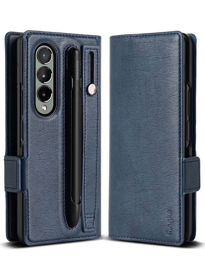 Ringke Folio Signature EZ Strap Plus Series Compatible With Galaxy Z Fold 4 Case Leather Handcrafted Artisan Wallet Cover With S Pen Holder And Strap Navy - Image 1