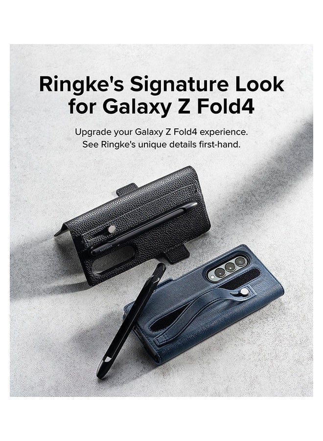 Ringke Folio Signature EZ Strap Plus Series Compatible With Galaxy Z Fold 4 Case Leather Handcrafted Artisan Wallet Cover With S Pen Holder And Strap Navy - Image 3