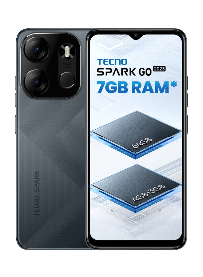 تكنو - هاتف Spark Go 2023 ثنائي الشريحة باللون الأسود وذاكرة الوصول العشوائي (RAM) سعة 4 جيجابايت وذاكرة تخزين داخلية 64 جيجابايت ويدعم تقنية 4G LTE - إصدار الشرق الأوسط - Image 1