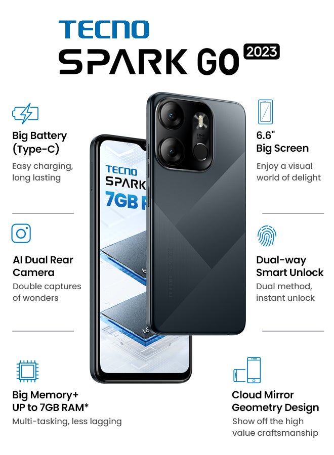 تكنو - هاتف Spark Go 2023 ثنائي الشريحة باللون الأسود وذاكرة الوصول العشوائي (RAM) سعة 4 جيجابايت وذاكرة تخزين داخلية 64 جيجابايت ويدعم تقنية 4G LTE - إصدار الشرق الأوسط - Image 1