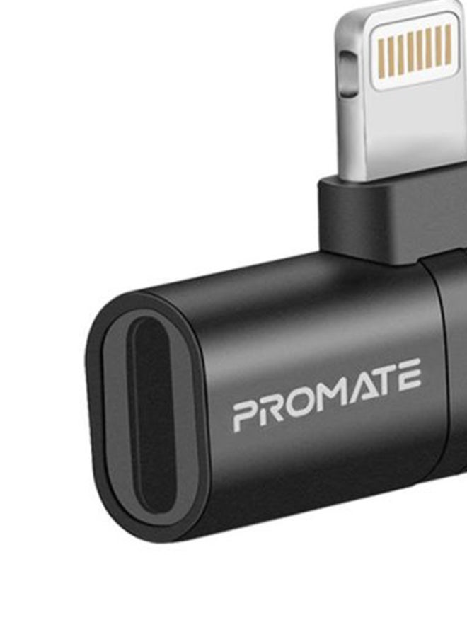 PROMATE - 2-in-1 Audio & Charging Adaptor With Lightning Connector Black - Image 1