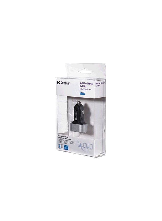 ساندبرغ شاحن سيارة متعدد مزود بثلاثة منافذ USB 7.2A أسود/فضي  - Image 2