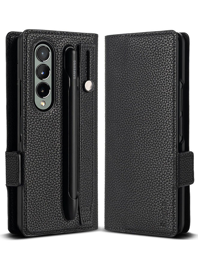 Ringke Folio Signature EZ Strap Plus Series Compatible With Galaxy Z Fold 4 Case Leather Handcrafted Artisan Wallet Cover And S Pen Holder, Strap Black - Image 1
