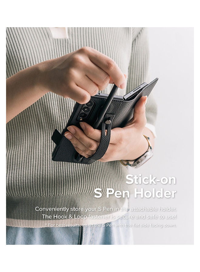 Ringke Folio Signature EZ Strap Plus Series Compatible With Galaxy Z Fold 4 Case Leather Handcrafted Artisan Wallet Cover And S Pen Holder, Strap Black - Image 4