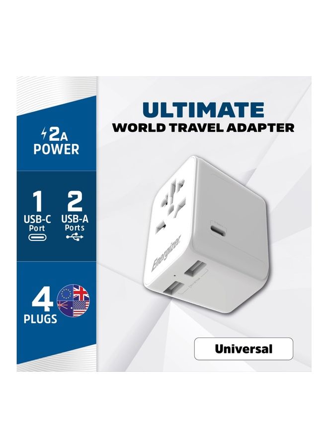 Energizer - International Travel Adapter, Charge 4 Devices, 3x USB-A And 1x USB-C Ports, US-UK-EU-AU Plugs, Mfi Certified Type-C Output White - Image 1