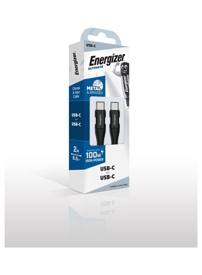 Energizer Ultimate Metal Braided USB C To USB C Cable Right Angle 2M 100W 5A PD Fast Charge USB C Power Data Lead Compatible With iPhone 15 Series, MacBook Pro/Air, iPad Pro, Samsung S23, Huawei Lenovo ThinkPad Dell Black - Image 3