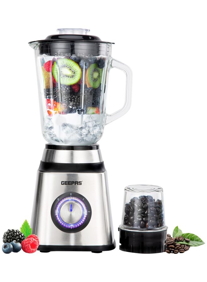 GEEPAS Stainless Steel Blender, Powerful Motor and Sharp Blade Transparent Glass Jars with Stainless Steel Blades 1.5 L Jar and Grinder Attachment 1500 ml 600 W GSB44076UK Black and Silver - Image 2