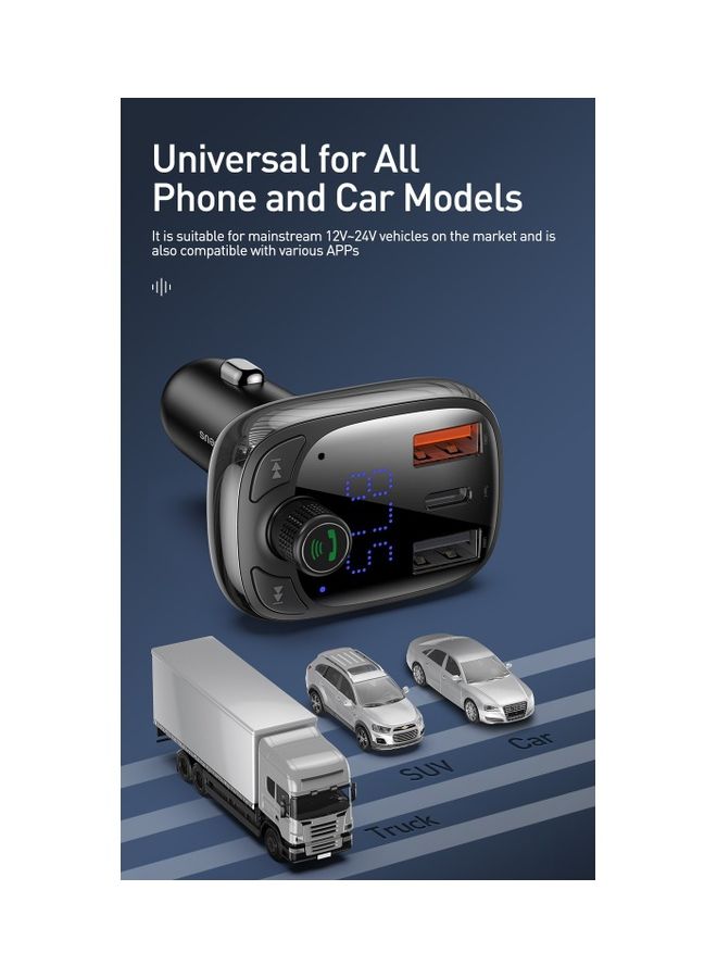 Baseus - Bluetooth 5.0 Adapter For Car Wireless FM Radio Transmitter Handsfree Calling And Audio Receiver MP3 Music Player QC3.0 Type-C PD USB Charger Support USB Drive Black - Image 1