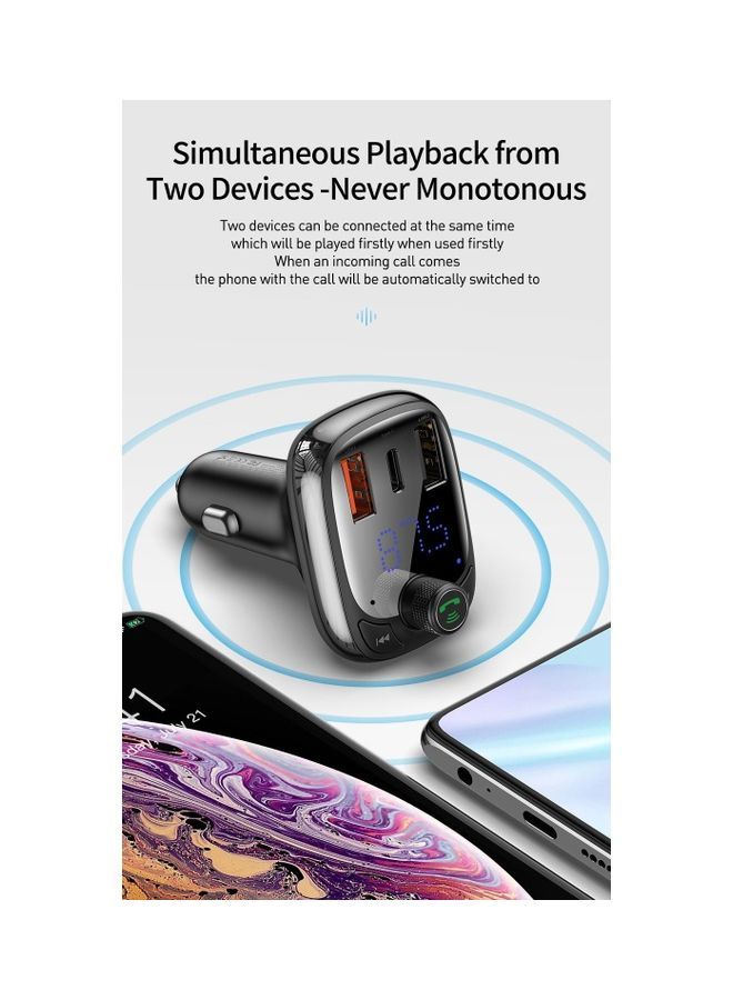 Baseus - Bluetooth 5.0 Adapter For Car Wireless FM Radio Transmitter Handsfree Calling And Audio Receiver MP3 Music Player QC3.0 Type-C PD USB Charger Support USB Drive Black - Image 1