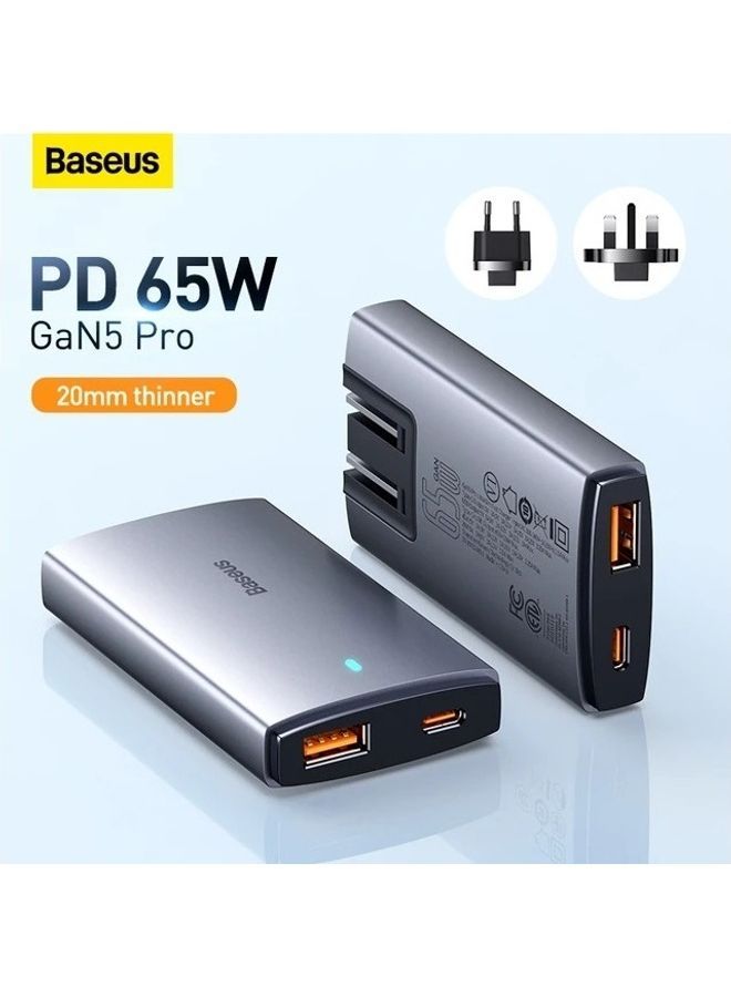 USB C Charger, 65W 2 Port Flat USB Wall Charger PD 3.0, Ultra-Slim GaN5 Pro Charger UK/EU/US Adapter Plug for MacBook, iPhone 15/14/13/12/11/Pro Max/XS/XR, Samsung, iPad, Steam Deck with Charging Cable Black