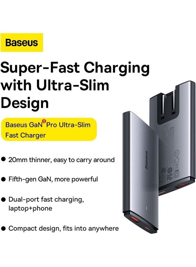 Baseus USB C Charger, 65W 2 Port Flat USB Wall Charger PD 3.0, Ultra-Slim GaN5 Pro Charger UK/EU/US Adapter Plug for MacBook, iPhone 15/14/13/12/11/Pro Max/XS/XR, Samsung, iPad, Steam Deck with Charging Cable Black  - Image 2