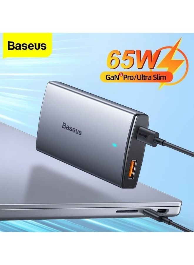 USB C Charger, 65W 2 Port Flat USB Wall Charger PD 3.0, Ultra-Slim GaN5 Pro Charger UK/EU/US Adapter Plug for MacBook, iPhone 15/14/13/12/11/Pro Max/XS/XR, Samsung, iPad, Steam Deck with Charging Cable Black