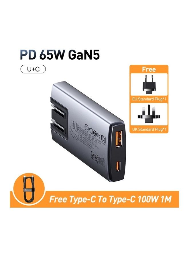 USB C Charger, 65W 2 Port Flat USB Wall Charger PD 3.0, Ultra-Slim GaN5 Pro Charger UK/EU/US Adapter Plug for MacBook, iPhone 15/14/13/12/11/Pro Max/XS/XR, Samsung, iPad, Steam Deck with Charging Cable Black