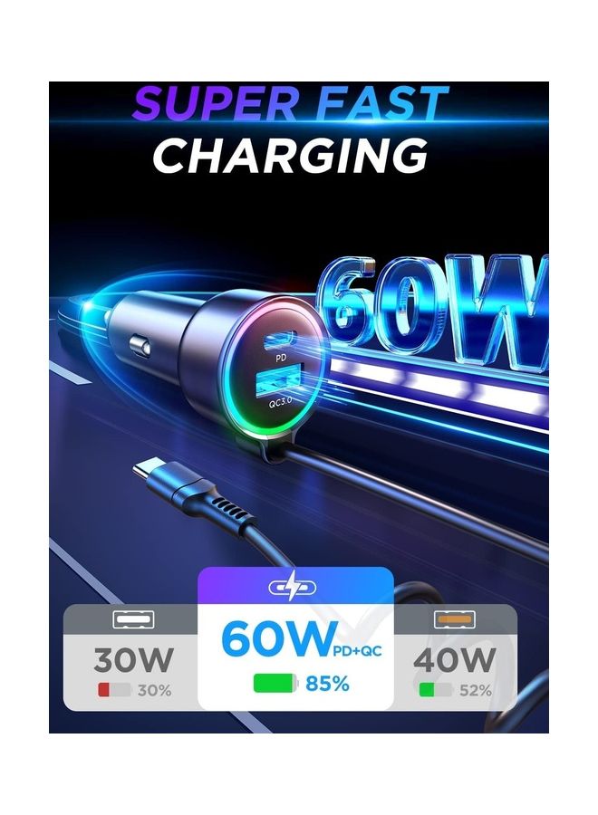 JOYROOM USB C Car Charger 60W 3 Port Super Fast PD QC3.0 With 5ft 30W Type C Coiled Cable For Samsung Galaxy S22 21 iPhone Google Pixel Moto LG Android iPad Pro Black  - Image 2