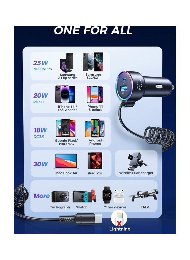 JOYROOM USB C Car Charger 60W 3 Port Super Fast PD QC3.0 With 5ft 30W Type C Coiled Cable For Samsung Galaxy S22 21 iPhone Google Pixel Moto LG Android iPad Pro Black  - Image 3