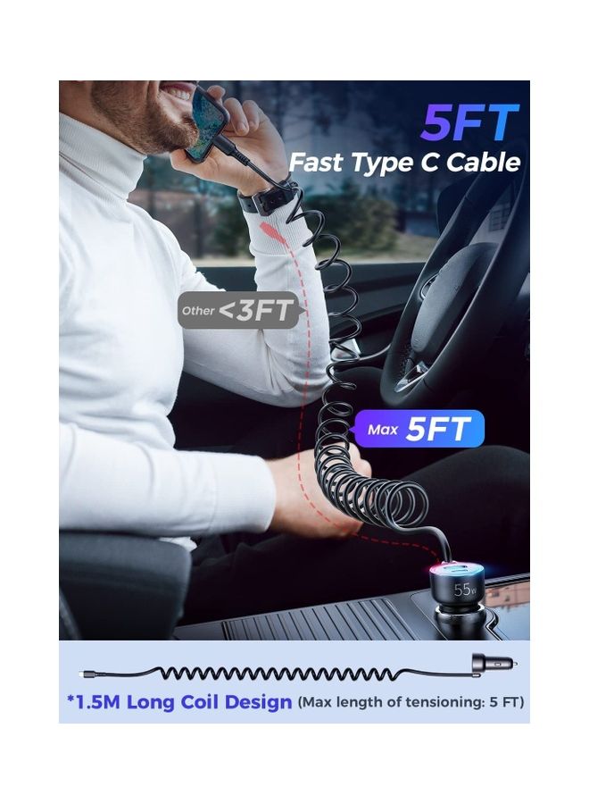 JOYROOM USB C Car Charger 60W 3 Port Super Fast PD QC3.0 With 5ft 30W Type C Coiled Cable For Samsung Galaxy S22 21 iPhone Google Pixel Moto LG Android iPad Pro Black  - Image 4