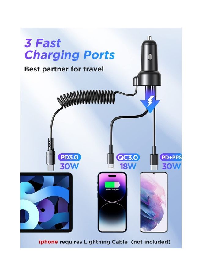 JOYROOM USB C Car Charger 60W 3 Port Super Fast PD QC3.0 With 5ft 30W Type C Coiled Cable For Samsung Galaxy S22 21 iPhone Google Pixel Moto LG Android iPad Pro Black  - Image 5