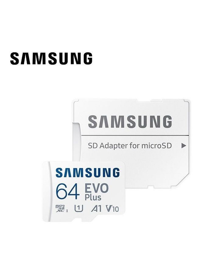 سامسونج - SAMSUNG EVO بلس مع محول SD 64 جيجابايت Micro SDXC بسرعة تصل إلى 100 ميجابايت / ثانية توسيع التخزين لأجهزة الألعاب وأجهزة الكمبيوتر اللوحية والهواتف الذكية التي تعمل بنظام Android بطاقة الذاكرة. 64.0 GB - Image 1