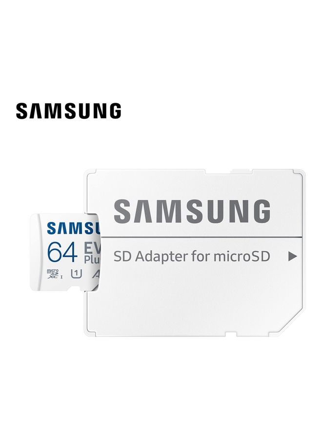 سامسونج - SAMSUNG EVO بلس مع محول SD 64 جيجابايت Micro SDXC بسرعة تصل إلى 100 ميجابايت / ثانية توسيع التخزين لأجهزة الألعاب وأجهزة الكمبيوتر اللوحية والهواتف الذكية التي تعمل بنظام Android بطاقة الذاكرة. 64.0 GB - Image 1